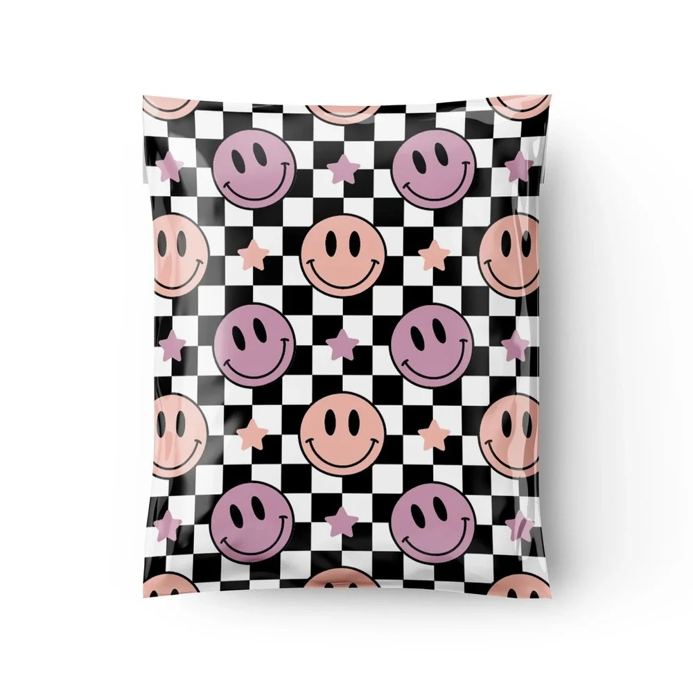 Checkered Smiley Face Poly Mailers 10x13 Inch 100 Pack Shipping Supplies‎ Pastel